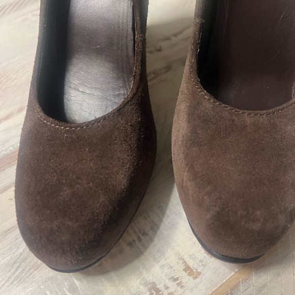 LL Bean Suede Platform Slip Om Adjustable Strap Pump Heels size 7.5 Brown - Picture 14 of 16